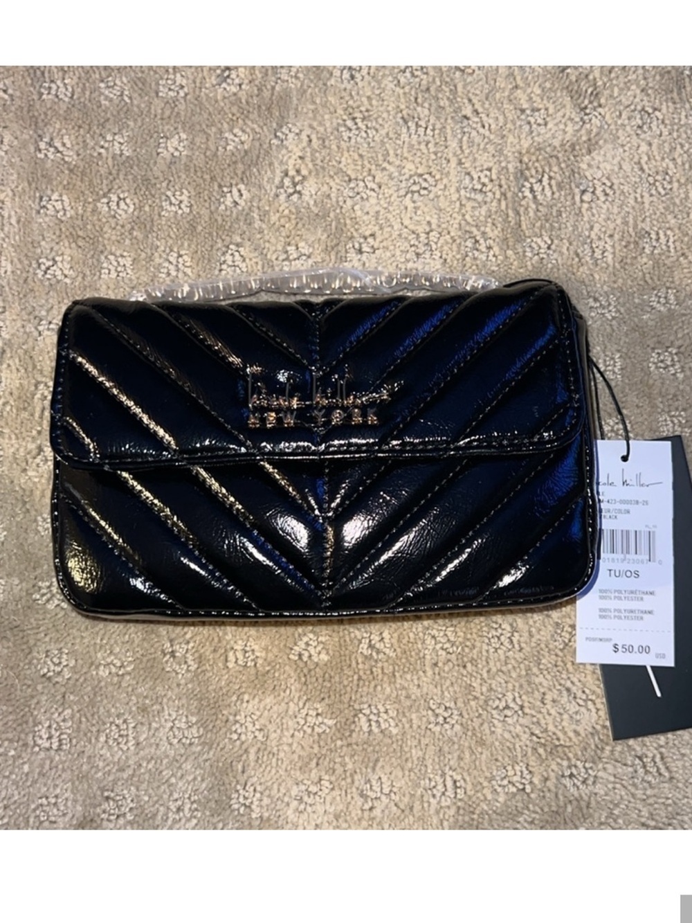 Nicole Miller Shoulder Bag Black Quilted Logo Chain Strap Crossbody Purse (0057)